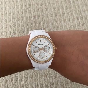 Fossil white and rose gold watch
